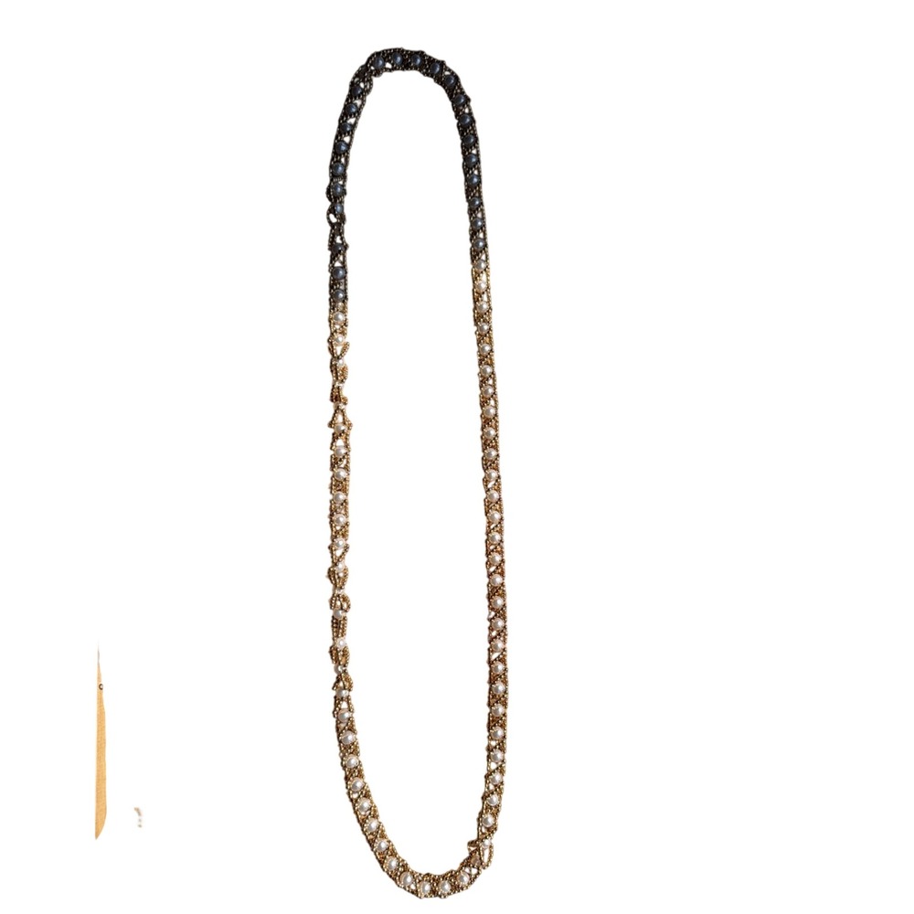 Two Tone Beaded Opera Length Necklace Gold Gunmetal White Faux Pearl Lyering